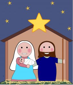 Heiligabend: Maria, Josef, Jesus vor dem Stall