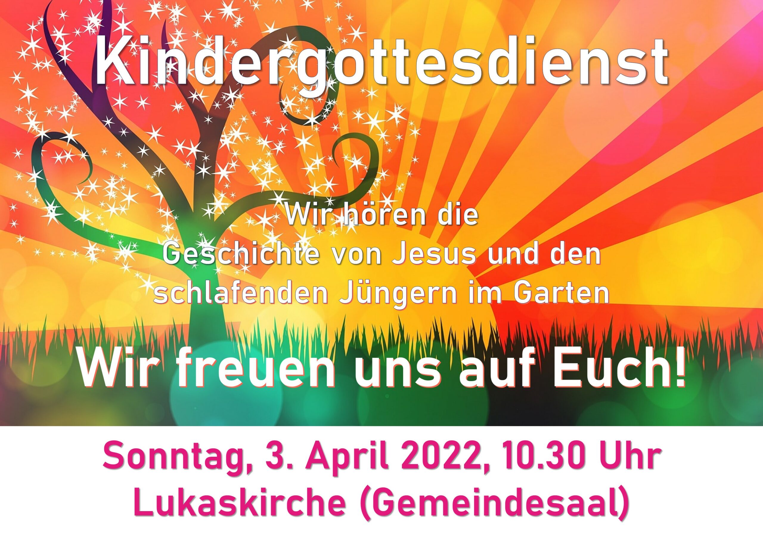 Kindergottesdienst am Sonntag, 03. April 2022, um 10.30 Uhr im Gemeindesaal der Lukaskirche. Wir hören die Geschichte von Jesus und den schlafenden Jüngern im Garten.