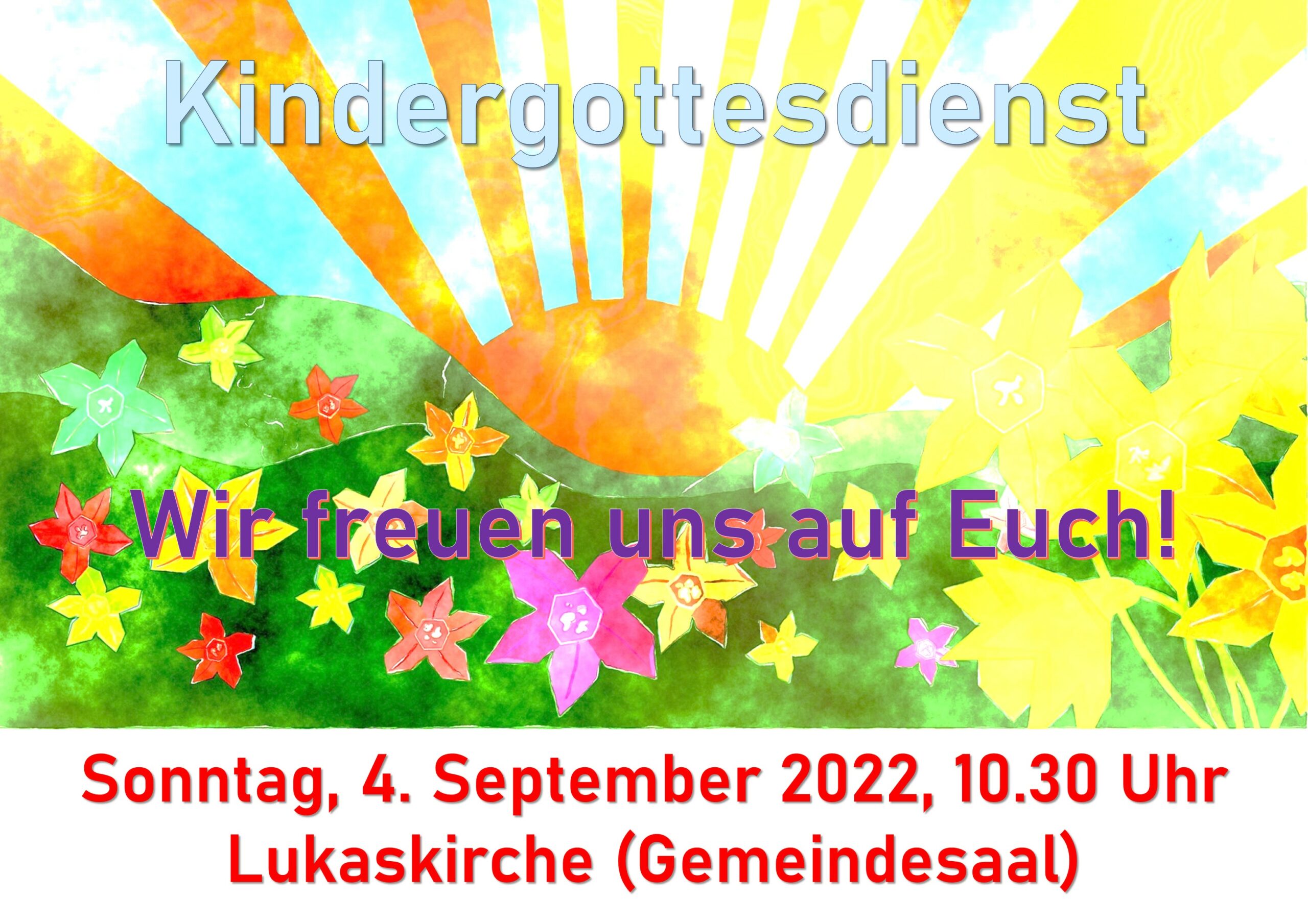KIndergottesdienst am 4. September 2022 um 10.30 Uhr im Saal der Lukaskirche, Kaiser-Karl-Ring 25A. Wir freuen uns auf Euch!